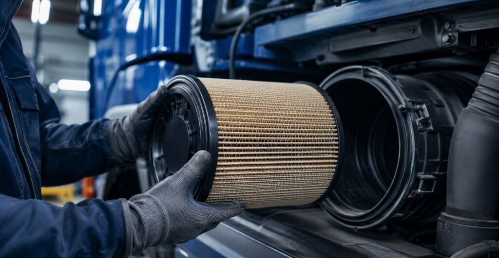 Mecânico com luvas instalando elemento de filtro de ar no alojamento de um caminhão azul em oficina