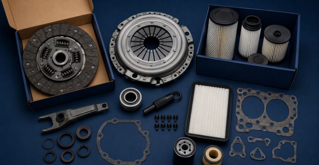 Kit de embreagem e kit de filtros de caminhão organizados sobre bancada de oficina