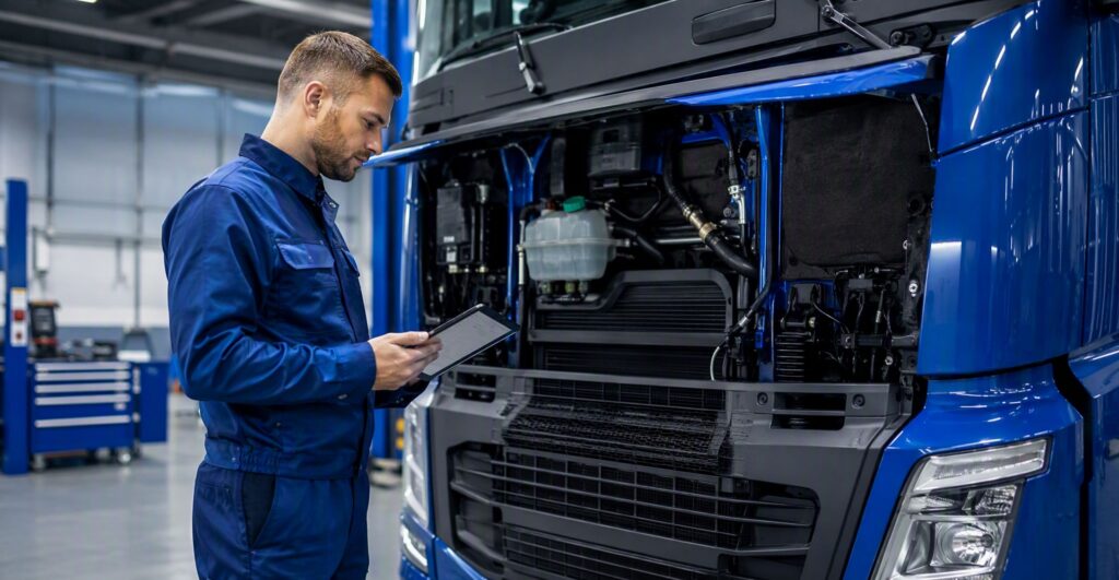 Mecânico de uniforme azul conferindo checklist de manutenção em tablet ao lado do motor de um caminhão