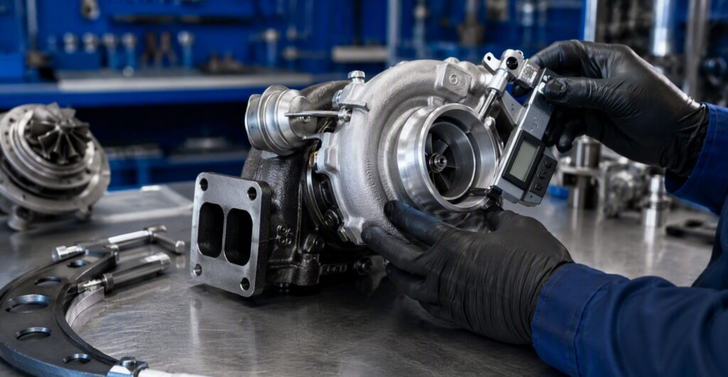 Turbocompressor remanufaturado sendo inspecionado com instrumentos de medição em bancada de trabalho